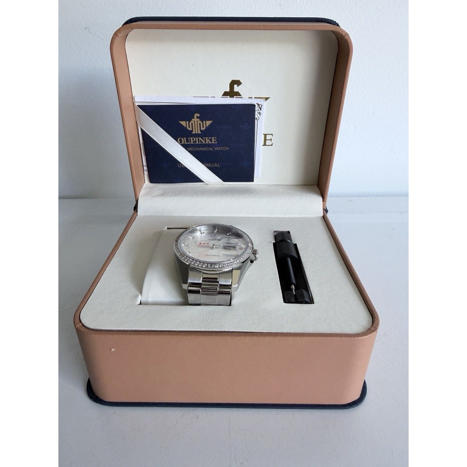 Oupinke Automatic DayDate Silver Dial Stainless Steel Bracelet Watch WBox